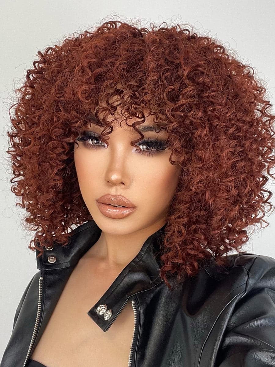 Brown Red Curly Wig with Bangs - Thumbnail 3