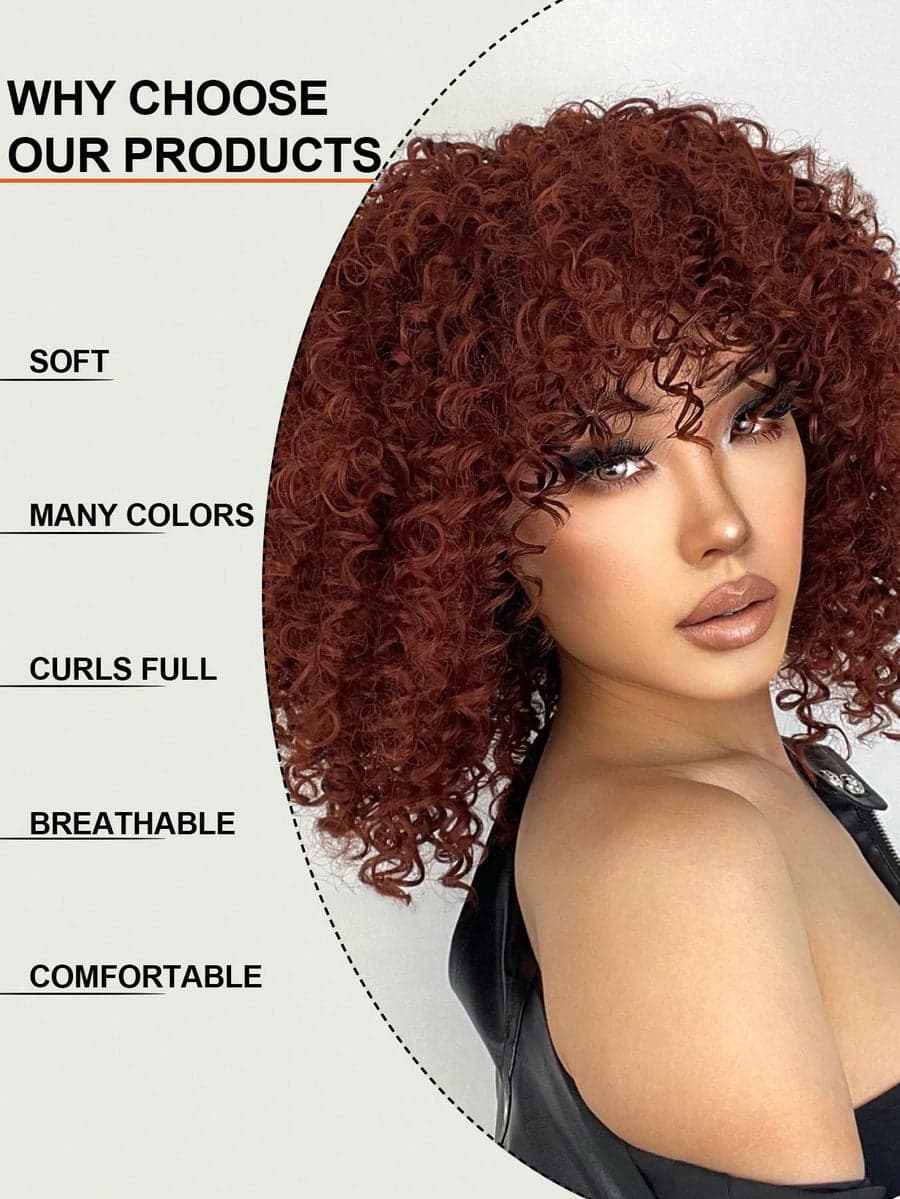 Brown Red Curly Wig with Bangs - Thumbnail 4
