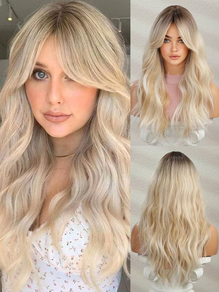 Ombre Blonde Full Wavy Wig with Bangs - Thumbnail 2