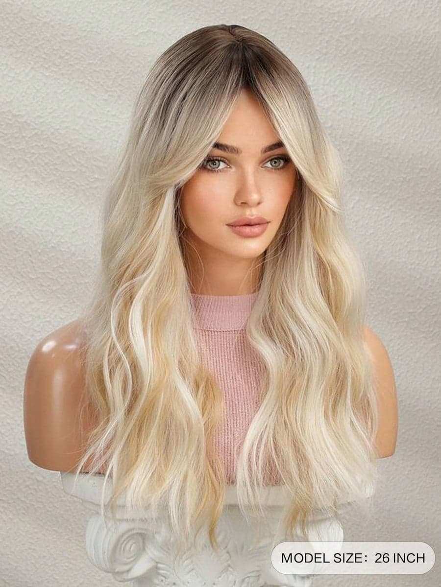 Ombre Blonde Full Wavy Wig with Bangs - Thumbnail 3