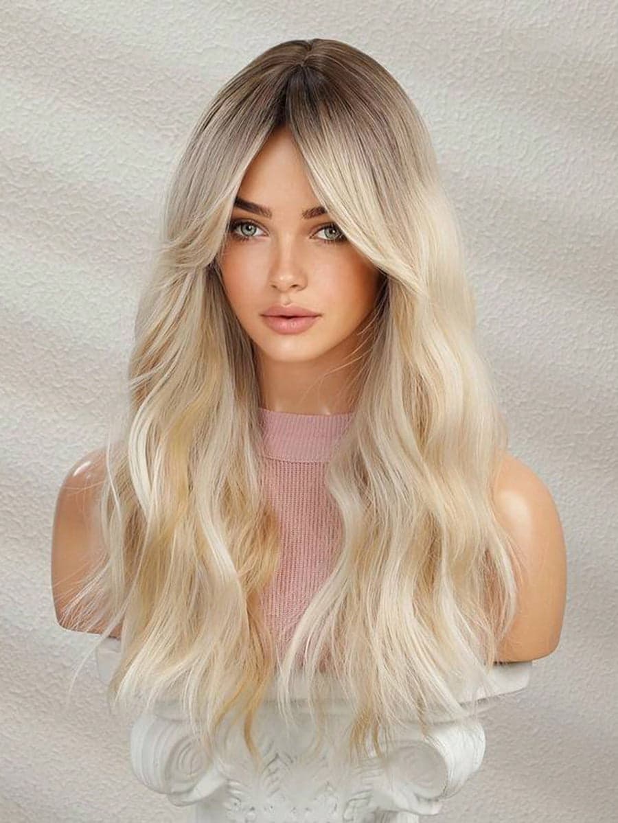 Ombre Blonde Full Wavy Wig with Bangs - Thumbnail 4