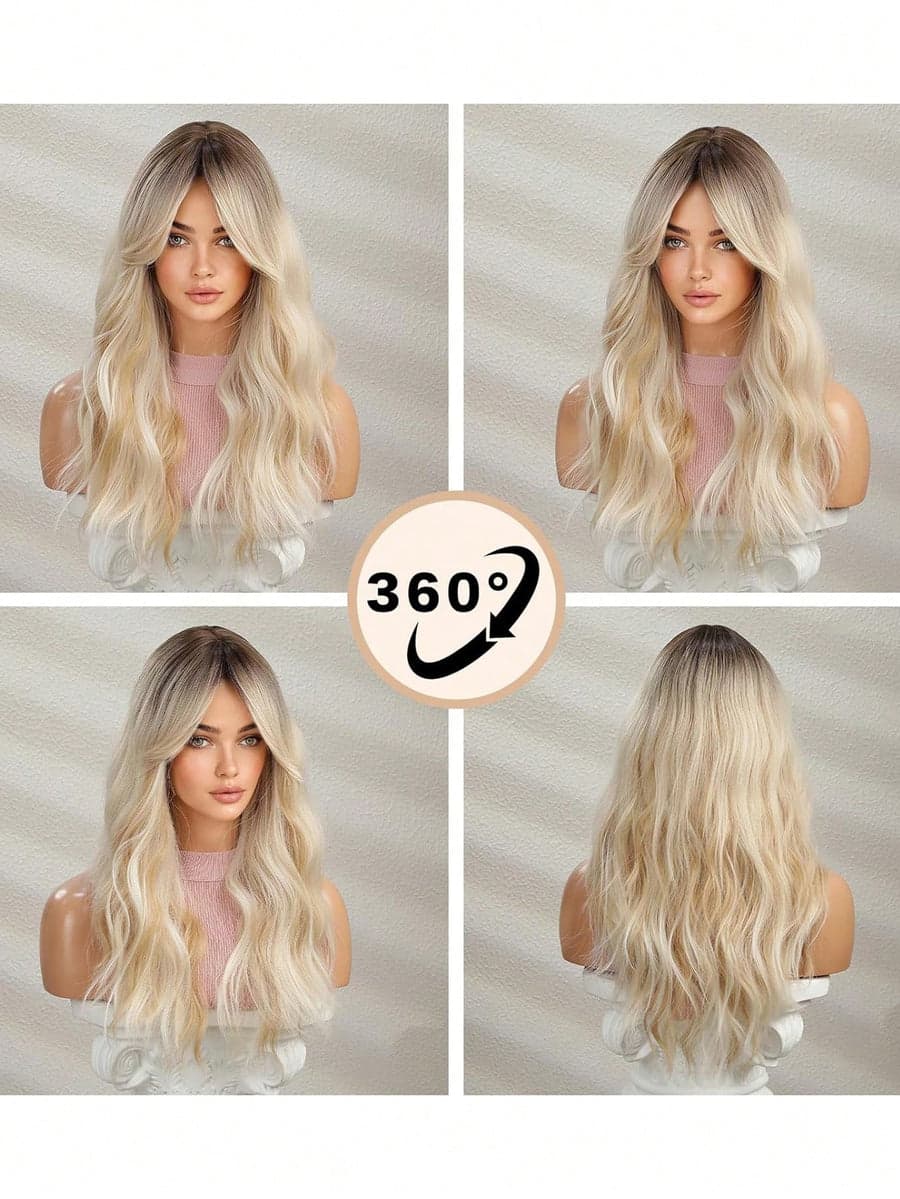 Ombre Blonde Full Wavy Wig with Bangs - Thumbnail 7