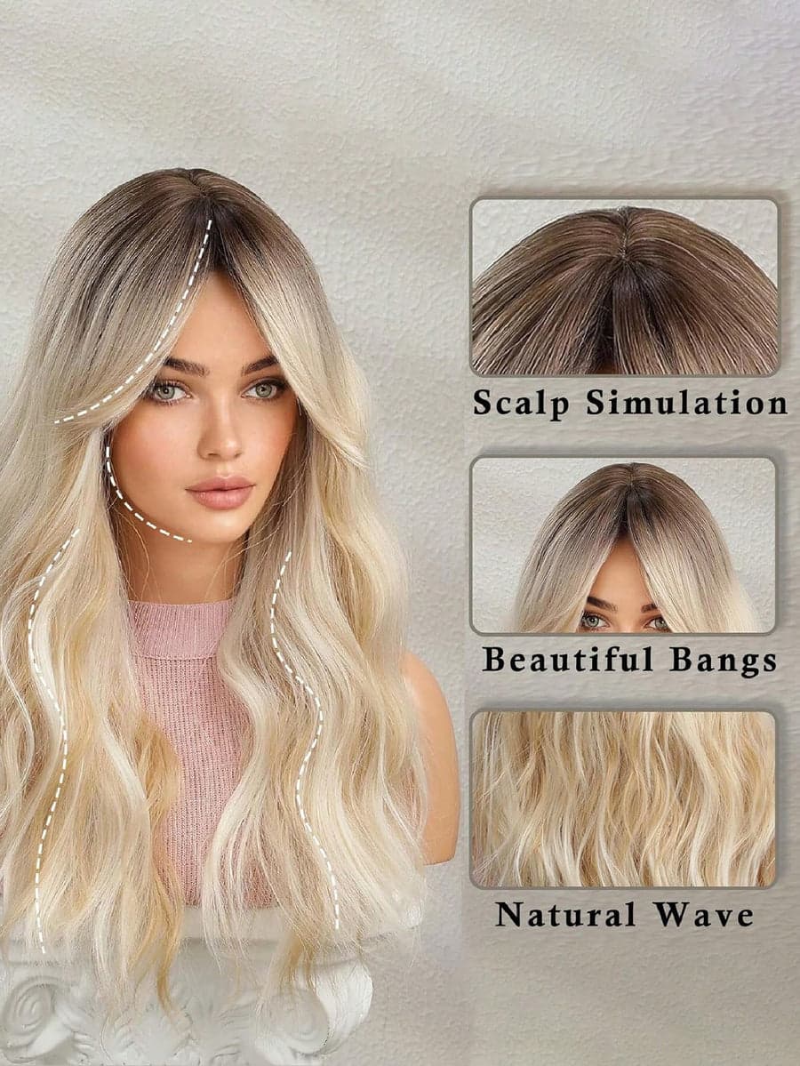 Ombre Blonde Full Wavy Wig with Bangs - Thumbnail 6