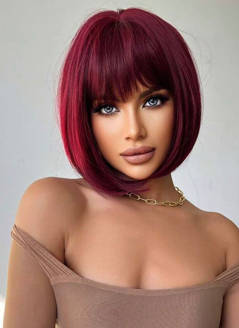 Dark Burgundy Red Full Wig with Bangs - Thumbnail 2