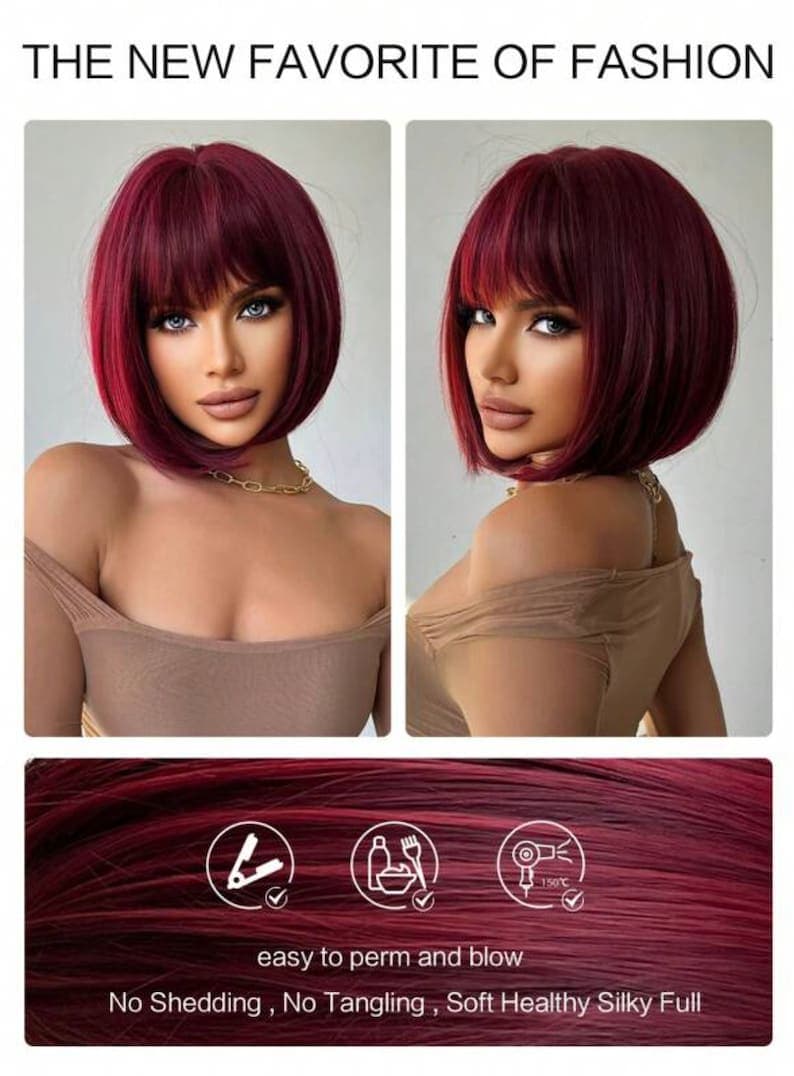 Dark Burgundy Red Full Wig with Bangs - Thumbnail 6