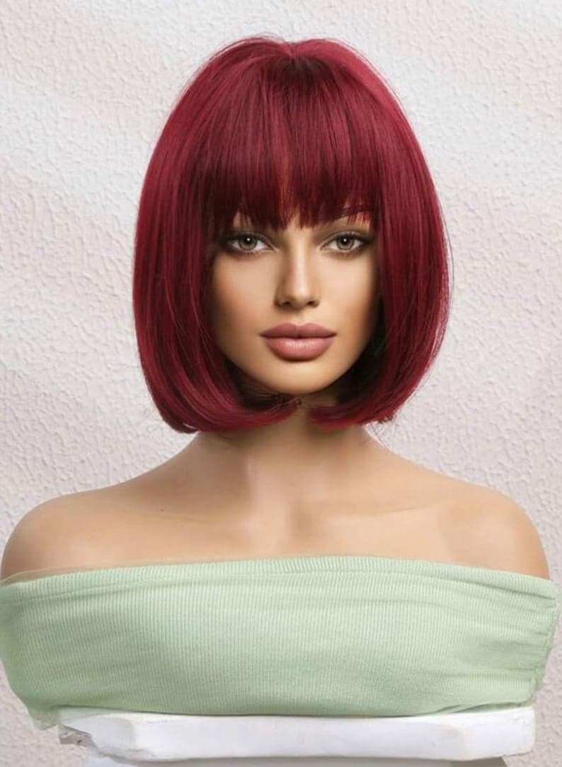 Dark Burgundy Red Full Wig with Bangs - Thumbnail 5