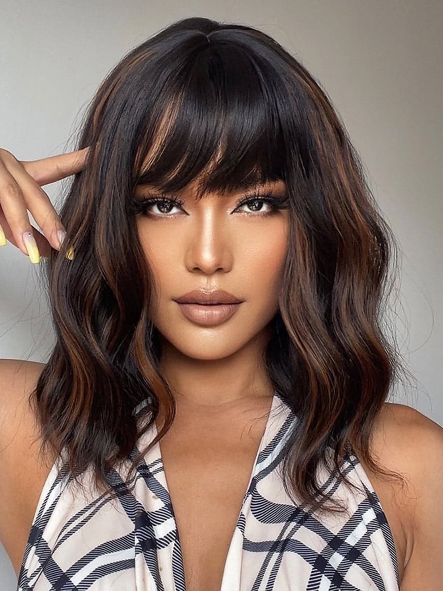 Brown Black Wavy Full Wig - Thumbnail 5