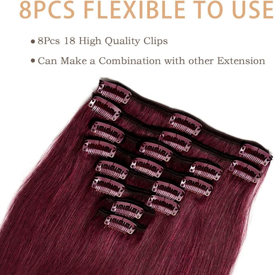 Dark Red Double Weft Clip in Human Hair Extensions Thick 18-20 Inch 150g 8pcs 18 clips on 8A Grade Soft Straight 100% Remy Hair Wine Red #99J - Thumbnail 3