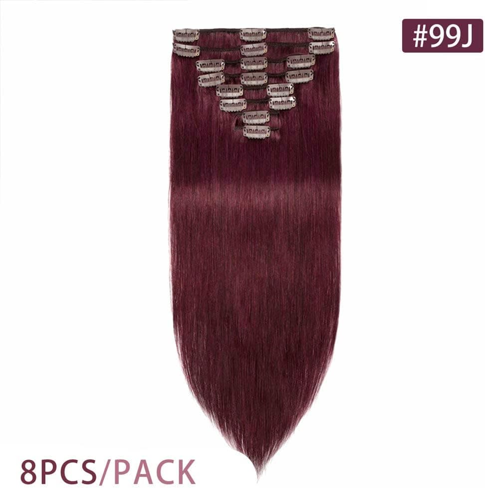 Dark Red Double Weft Clip in Human Hair Extensions Thick 18-20 Inch 150g 8pcs 18 clips on 8A Grade Soft Straight 100% Remy Hair Wine Red #99J - Thumbnail 4