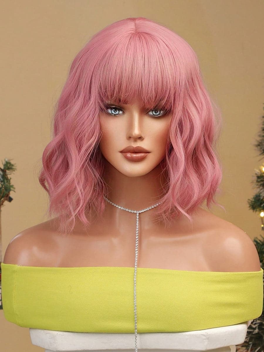 Pink Wavy Full Wig with Bangs - Thumbnail 6