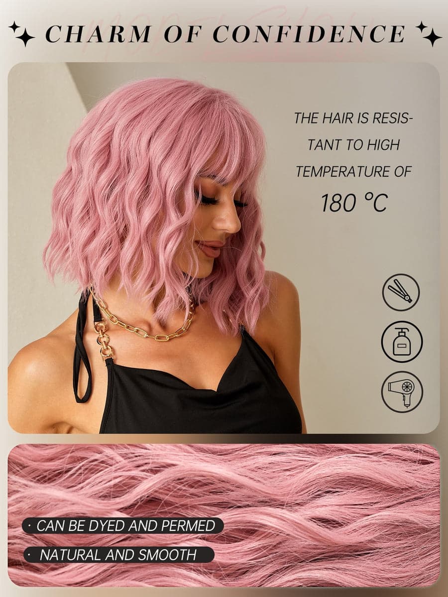 Pink Wavy Full Wig with Bangs - Thumbnail 5