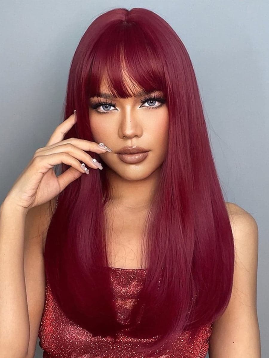 Dark Red Straight Full Wig - Thumbnail 2