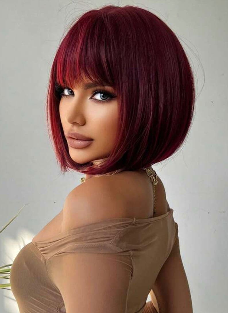 Dark Burgundy Red Full Wig with Bangs - Thumbnail 4