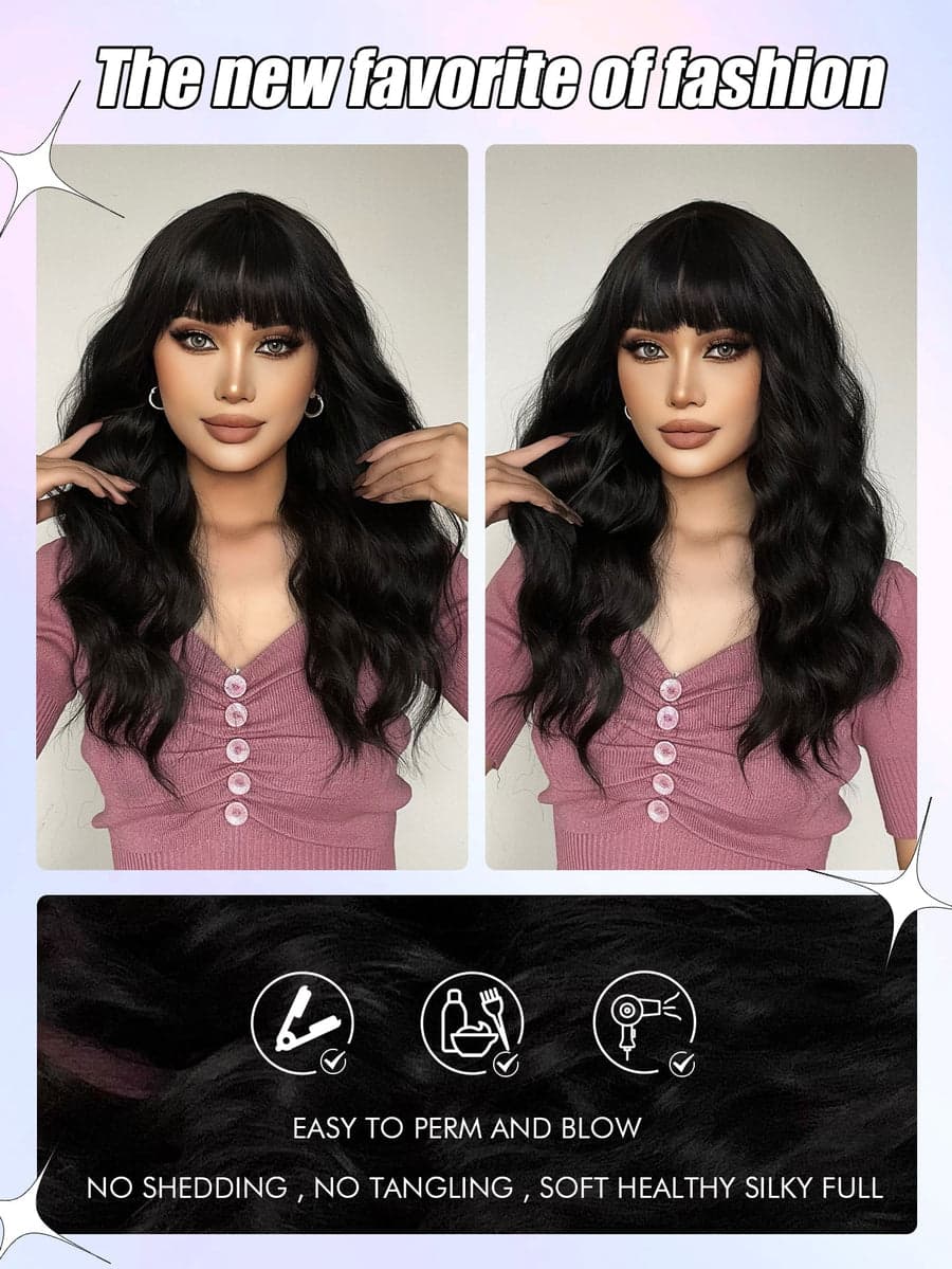 Black Full Wavy Wig with Bangs - Thumbnail 3