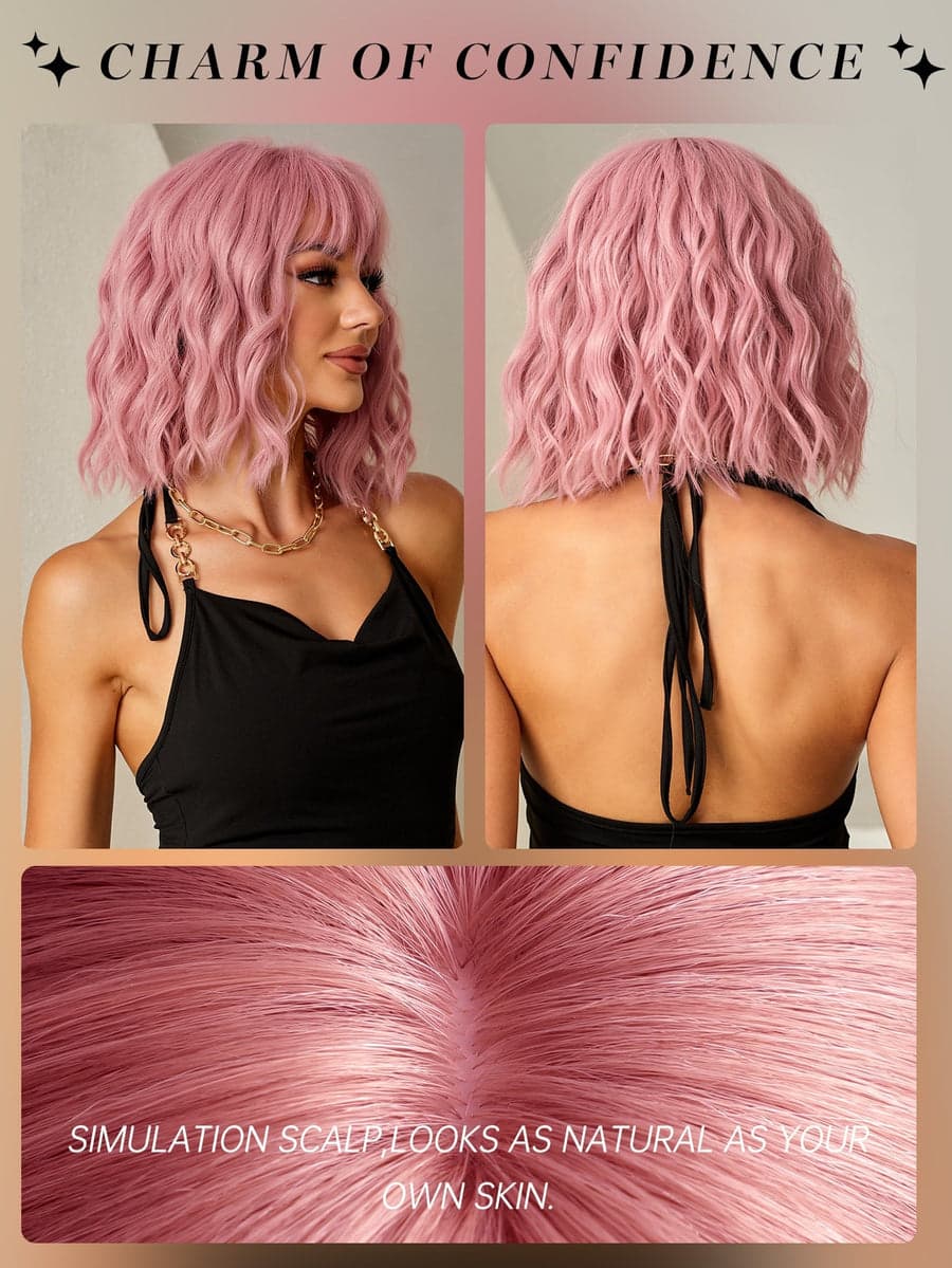 Pink Wavy Full Wig with Bangs - Thumbnail 4