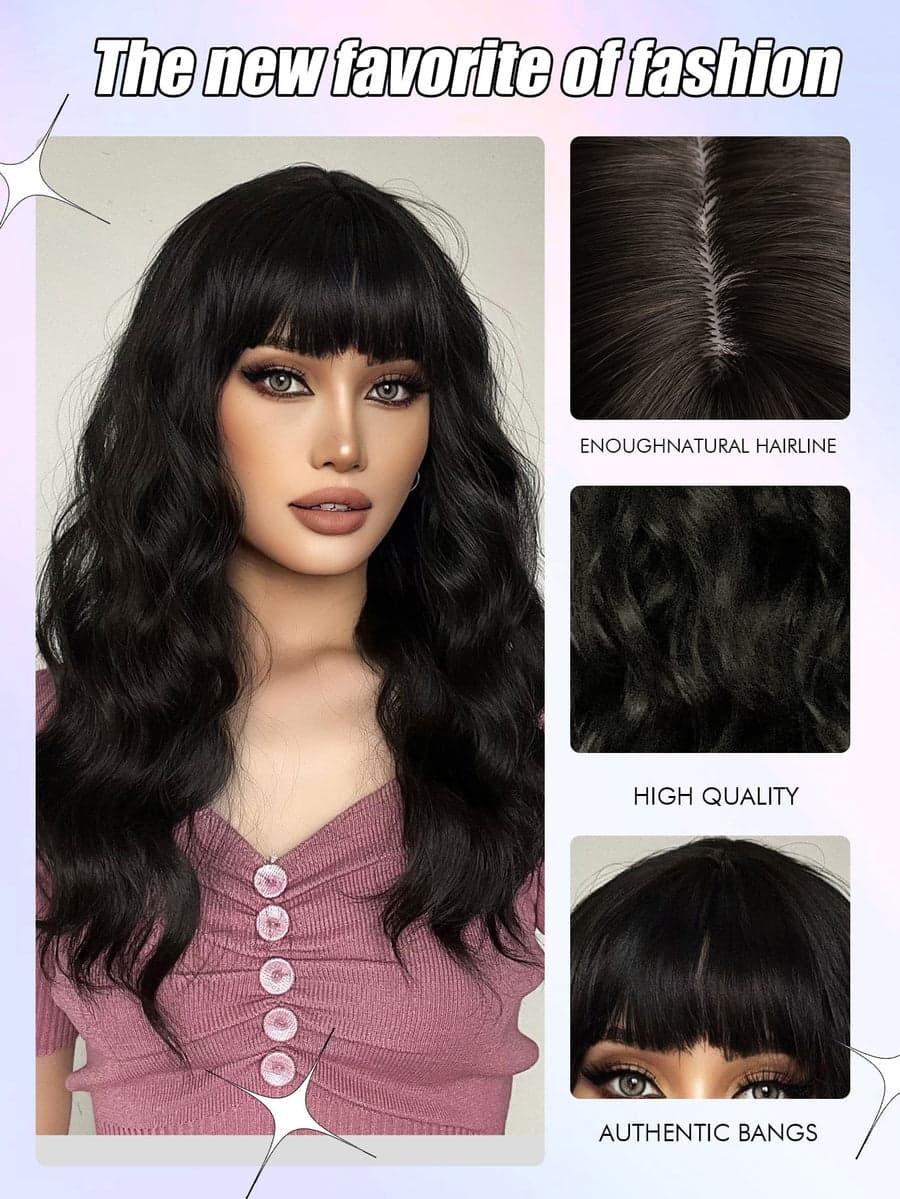 Black Full Wavy Wig with Bangs - Thumbnail 2