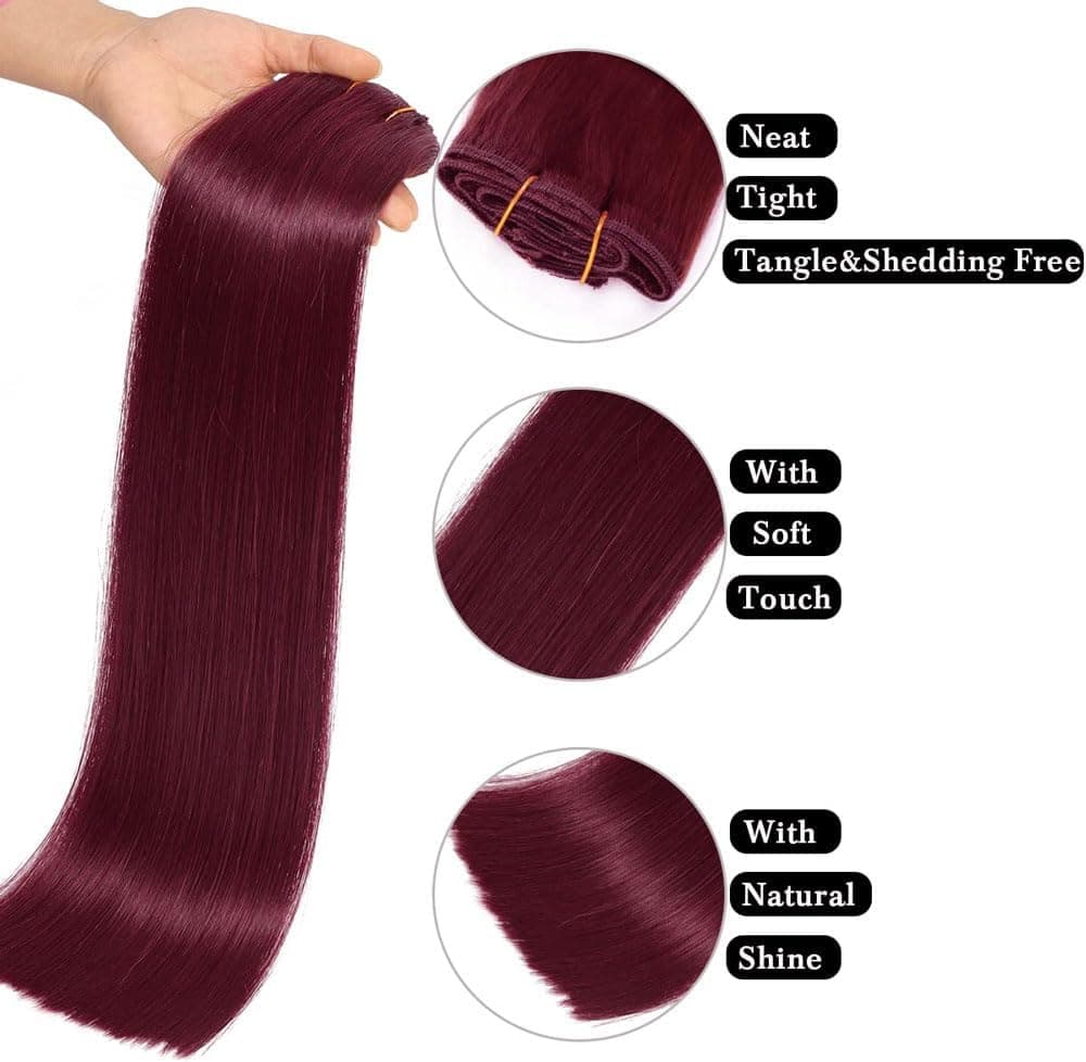 Dark Red Double Weft Clip in Human Hair Extensions Thick 18-20 Inch 150g 8pcs 18 clips on 8A Grade Soft Straight 100% Remy Hair Wine Red #99J - Thumbnail 2