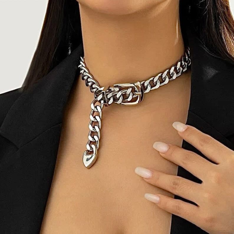 Silver Belt Buckle Choker, Chain Link, Exaggerated, Statement Necklace, Trendy - Thumbnail 2