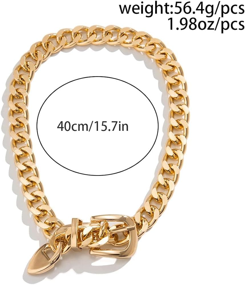 Gold Belt Buckle Choker, Chain Link, Exaggerated, Statement Necklace, Trendy - Thumbnail 3