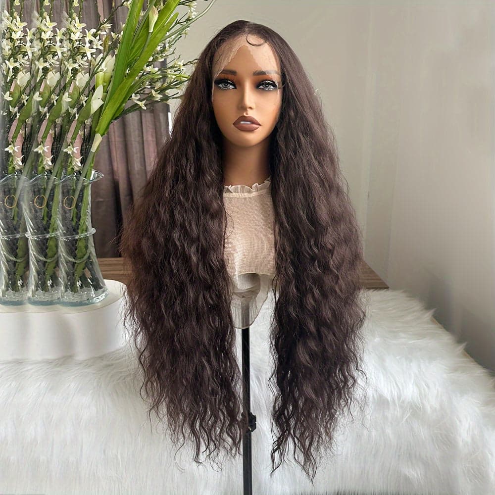 34inch Long Loose Curly Wig Honey Brown Synthetic Wig 13×6 Lace Wig Free Part Lace Frontal Wig Pre-Stretched Black Wavy Hair Replacement For Women Girls High Temperature Fiber For Daily Wear - BLUE / 34inch - Thumbnail 2