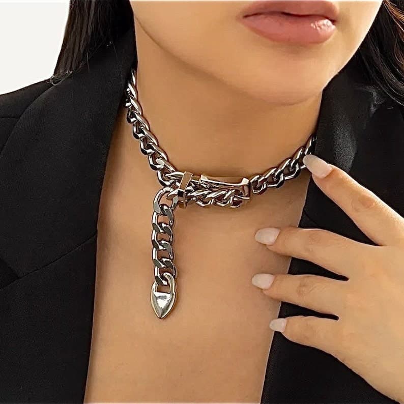 Silver Belt Buckle Choker, Chain Link, Exaggerated, Statement Necklace, Trendy - Thumbnail 4