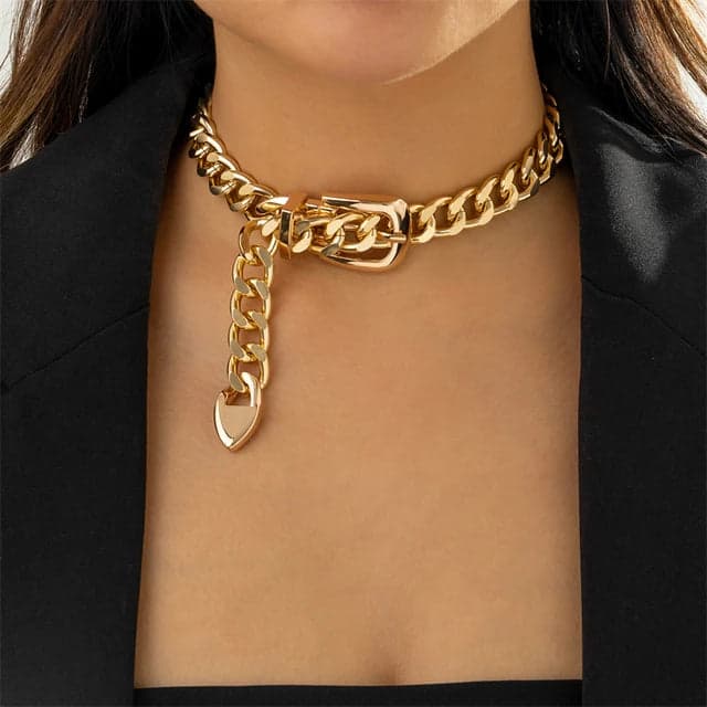 Gold Belt Buckle Choker, Chain Link, Exaggerated, Statement Necklace, Trendy - Thumbnail 2