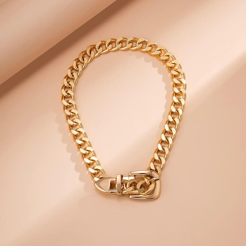 Gold Belt Buckle Choker, Chain Link, Exaggerated, Statement Necklace, Trendy - Thumbnail 4