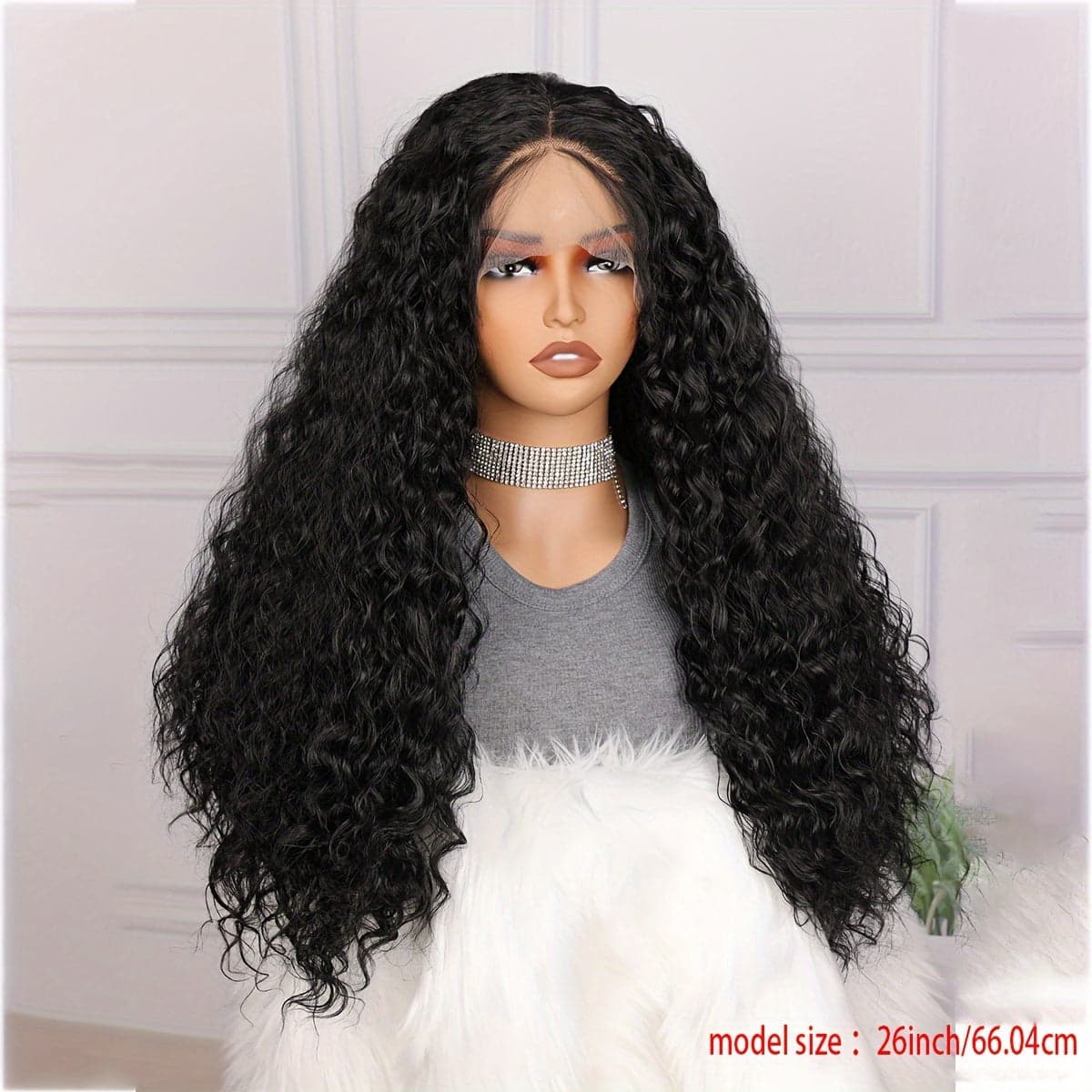 Black Long Curly Wig Synthetic Lace Wig - Black / 26inch - Thumbnail 5