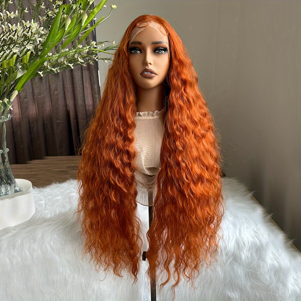34inch Long Loose Curly Wig Honey Brown Synthetic Wig 13×6 Lace Wig Free Part Lace Frontal Wig Pre-Stretched Black Wavy Hair Replacement For Women Girls High Temperature Fiber For Daily Wear - BLUE / 34inch - Thumbnail 4