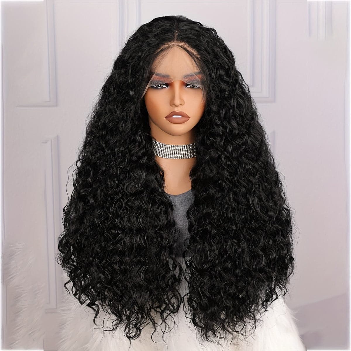 Black Long Curly Wig Synthetic Lace Wig - Black / 26inch - Thumbnail 4