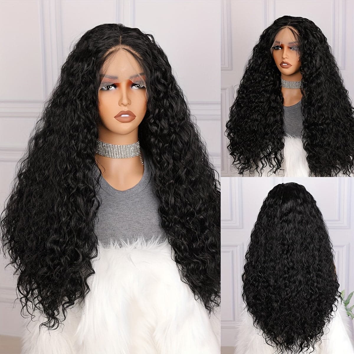 Black Long Curly Wig Synthetic Lace Wig - Black / 26inch - Thumbnail 7