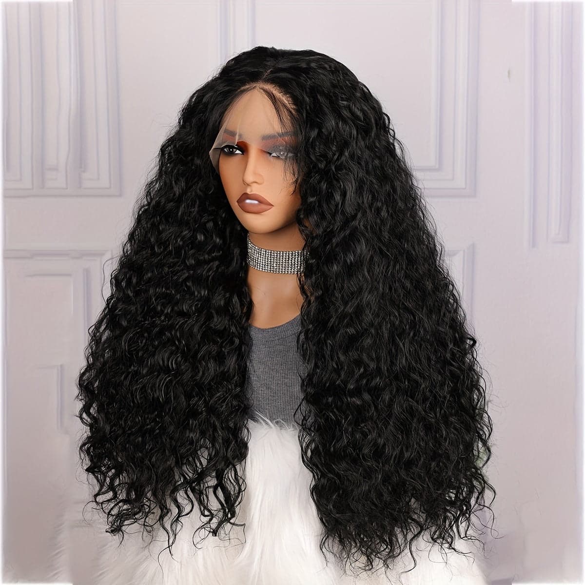 Black Long Curly Wig Synthetic Lace Wig - Black / 24inch - Thumbnail 3