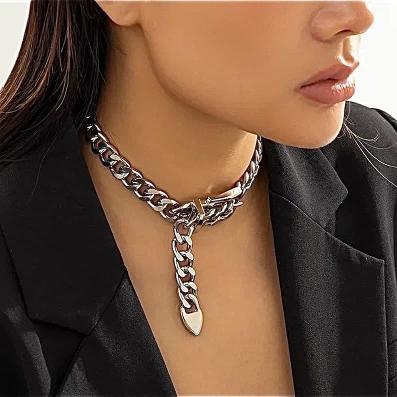 Silver Belt Buckle Choker, Chain Link, Exaggerated, Statement Necklace, Trendy - Thumbnail 5
