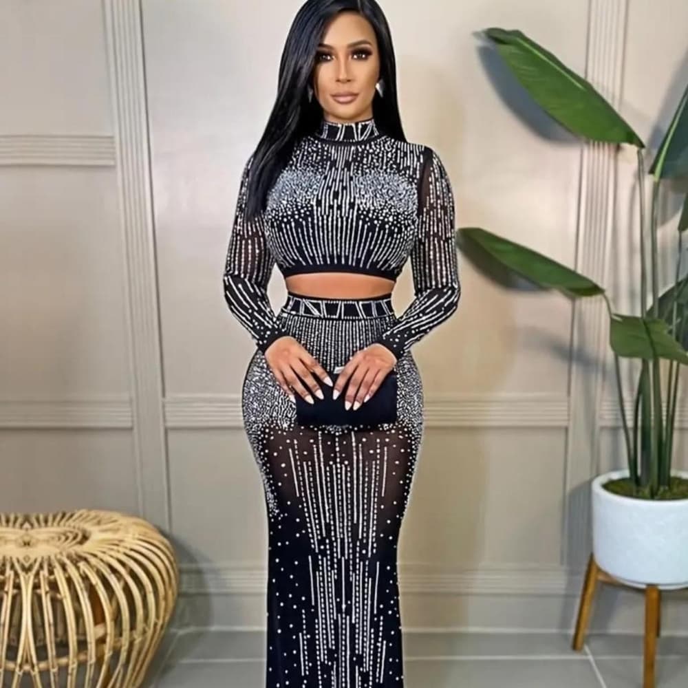 Party Rhinestone Two-piece Set, Bodycon Crop Top & High Waist Floor Length Skirt - Thumbnail 6