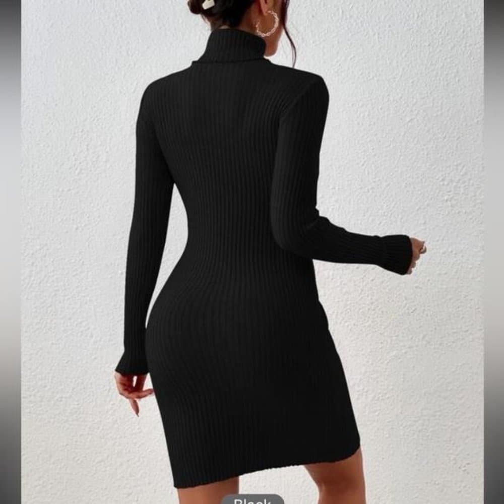 Black turtleneck long sleeve ribbed knit sweater dress split hem - Thumbnail 3