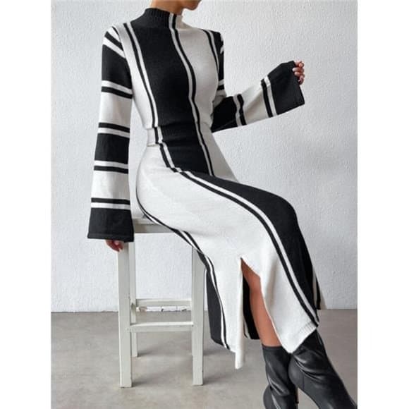 Privé Striped Pattern Slit Hem Sweater Dress - Thumbnail 17