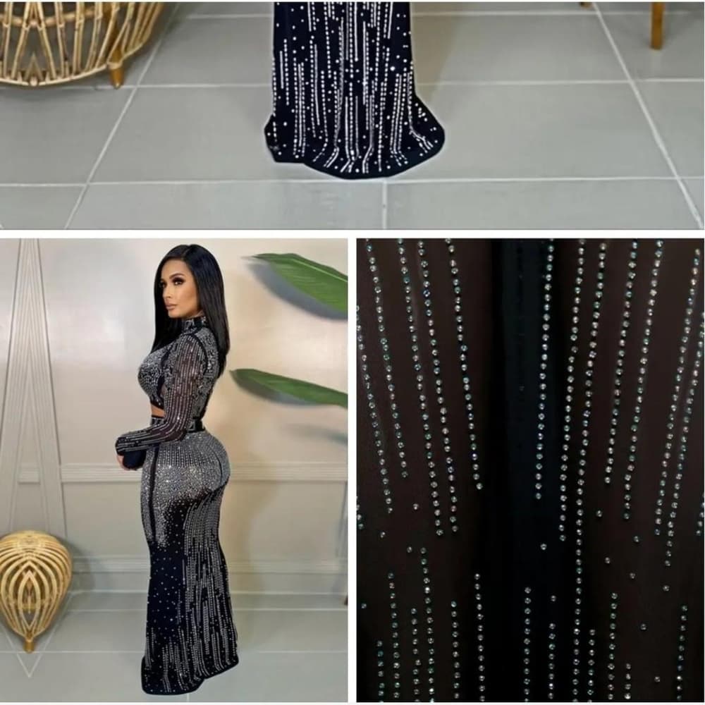 Party Rhinestone Two-piece Set, Bodycon Crop Top & High Waist Floor Length Skirt - Thumbnail 2