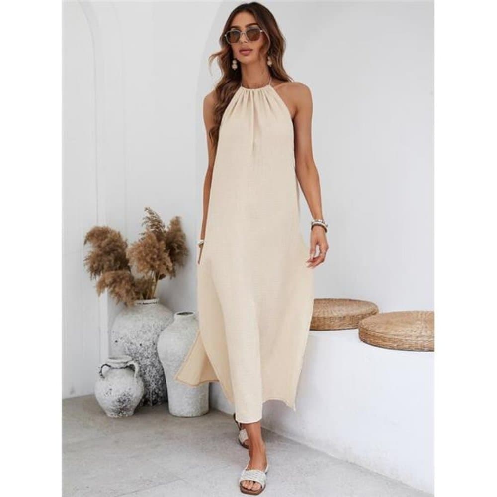 Solid Split Thigh Halter Dress - Thumbnail 12