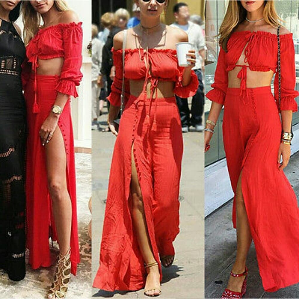 Red Beauty Crop 2 piece Maxi Dress