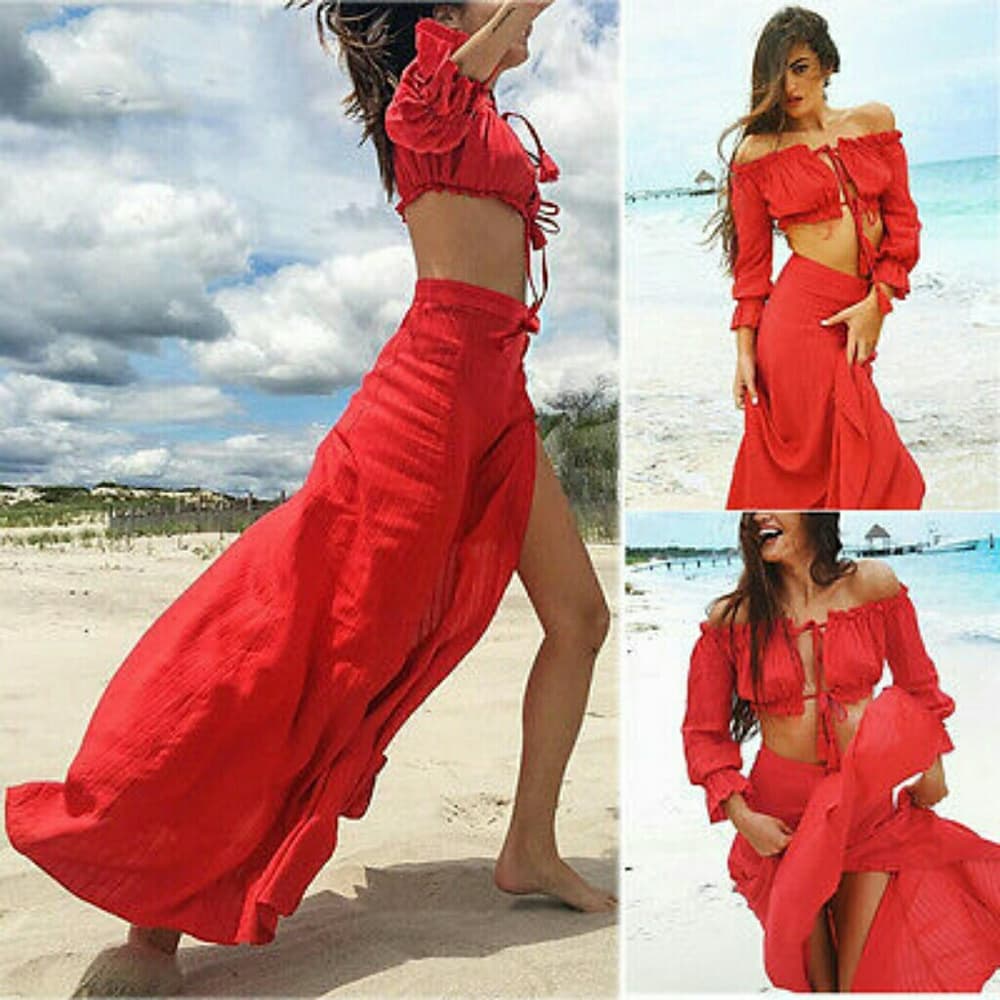 Red Beauty Crop 2 piece Maxi Dress - Thumbnail 8