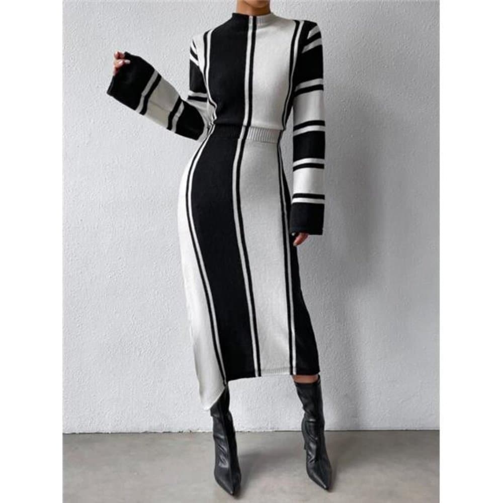 Privé Striped Pattern Slit Hem Sweater Dress - Thumbnail 4