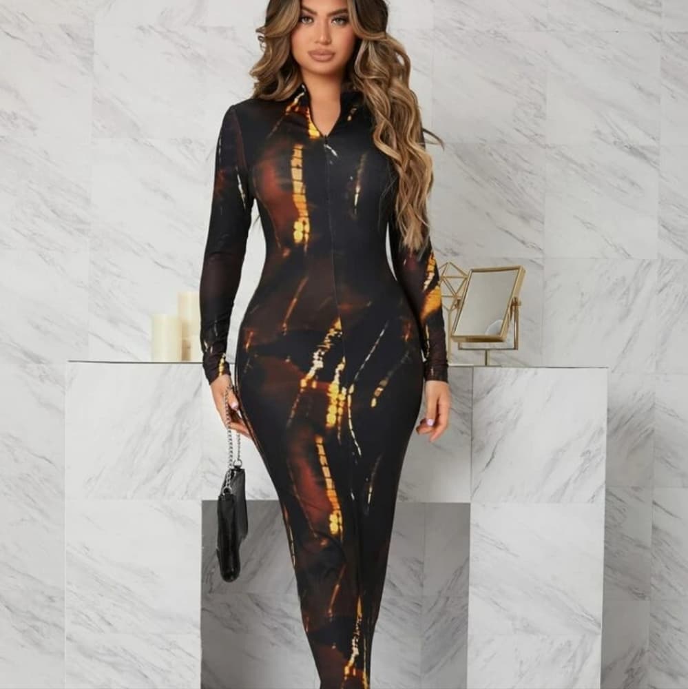 Zip Half Placket Tie Dye Bodycon DressBodycon Dress - Thumbnail 6