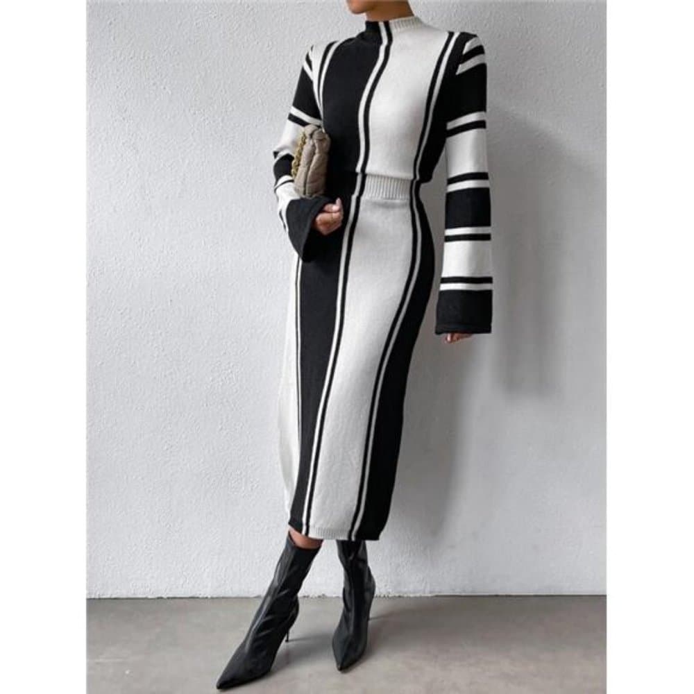 Privé Striped Pattern Slit Hem Sweater Dress - Thumbnail 15