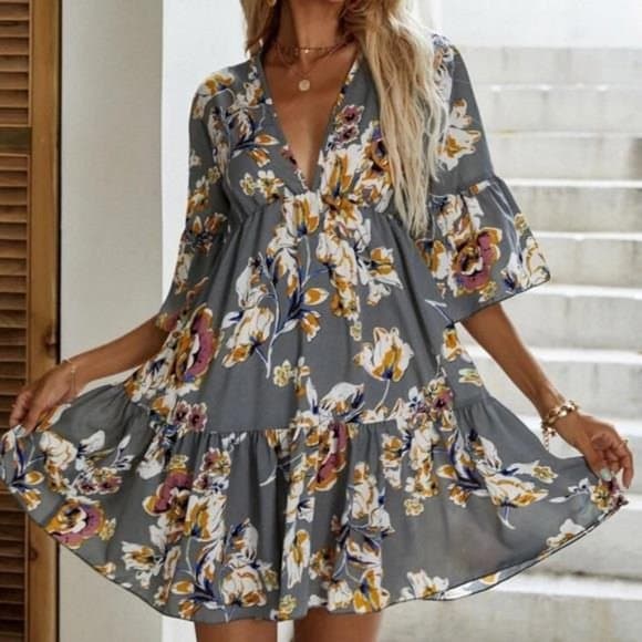 Boho short sleeve v neck tiered frill tunic dress ruffle gray yellow - Thumbnail 9