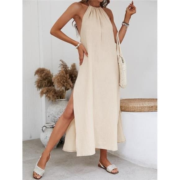 Solid Split Thigh Halter Dress - Thumbnail 17