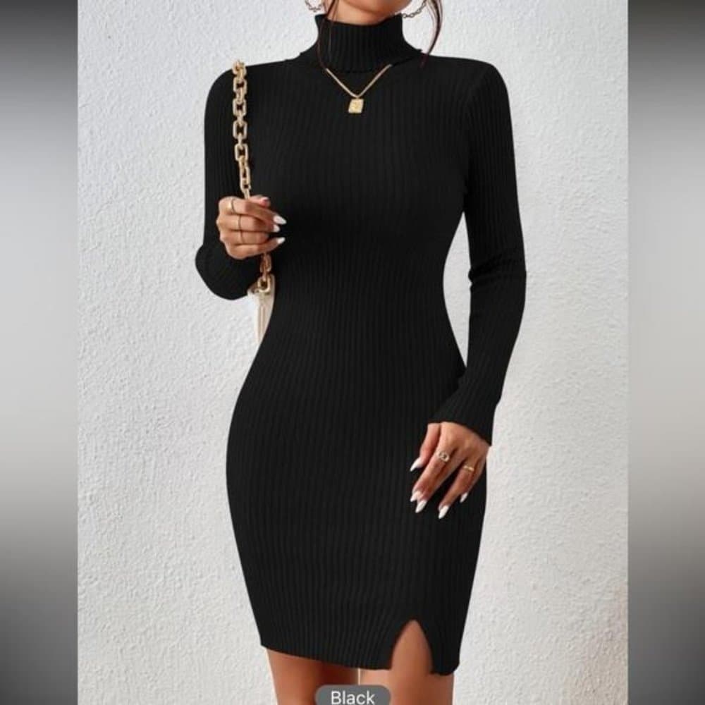 Black turtleneck long sleeve ribbed knit sweater dress split hem - Thumbnail 5