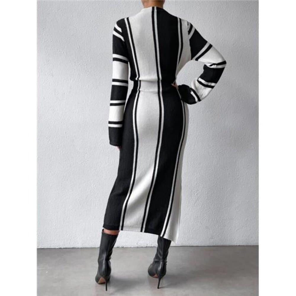 Privé Striped Pattern Slit Hem Sweater Dress - Thumbnail 12