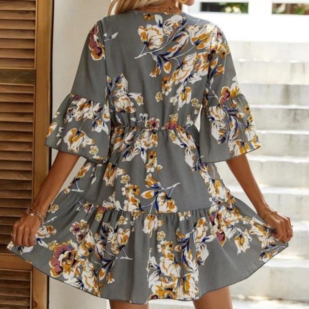 Boho short sleeve v neck tiered frill tunic dress ruffle gray yellow