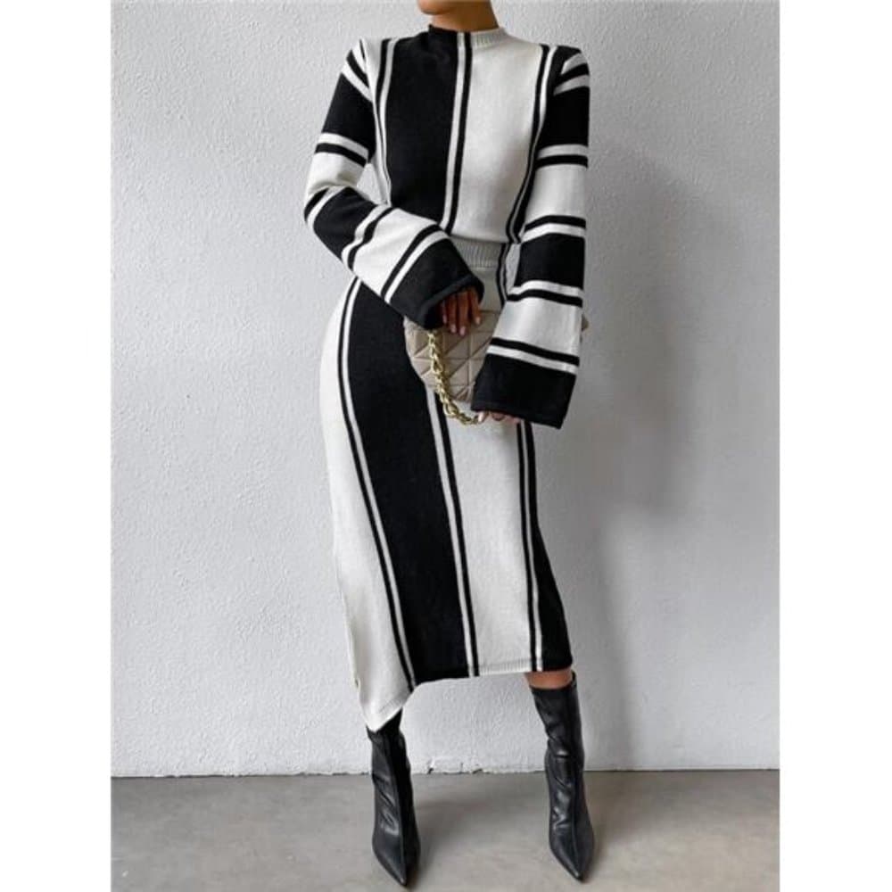 Privé Striped Pattern Slit Hem Sweater Dress - Thumbnail 8