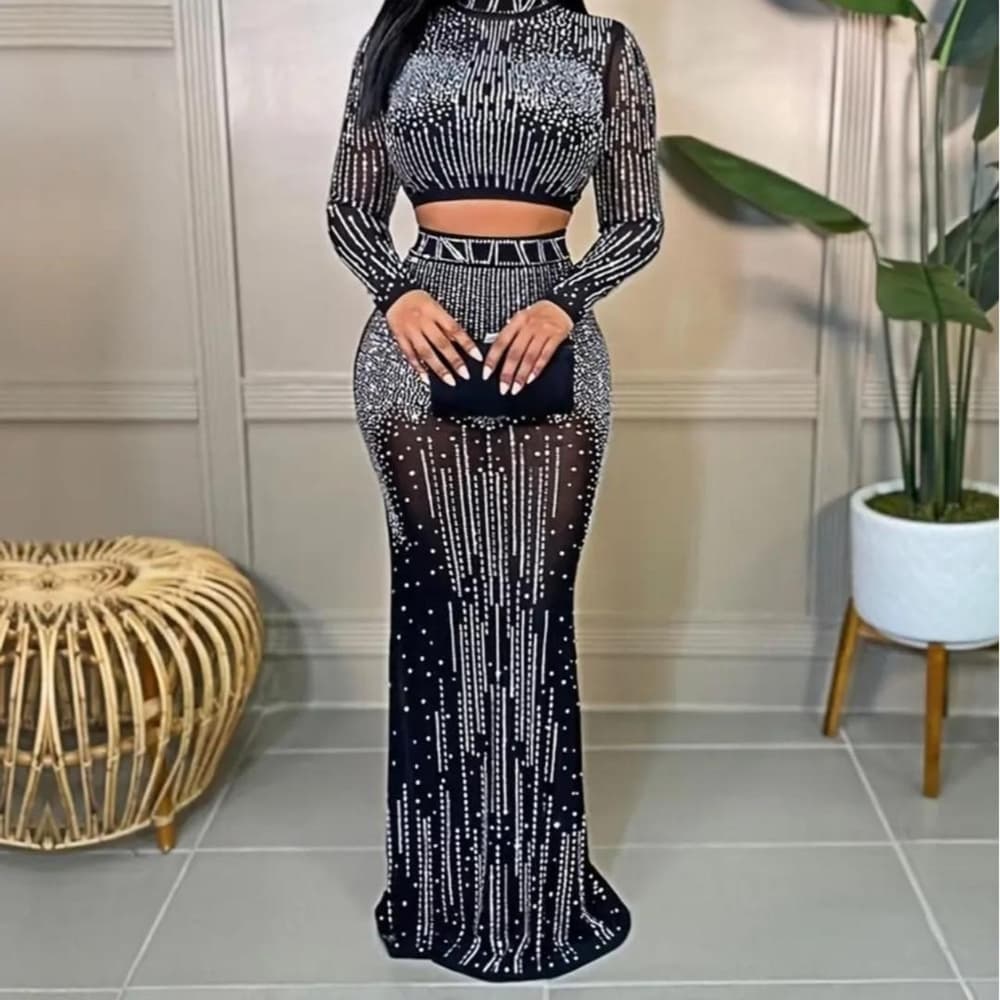 Party Rhinestone Two-piece Set, Bodycon Crop Top & High Waist Floor Length Skirt - Thumbnail 3